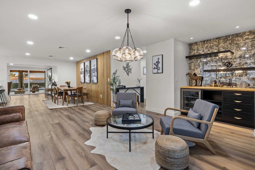 Stylish open-concept living and dining area.