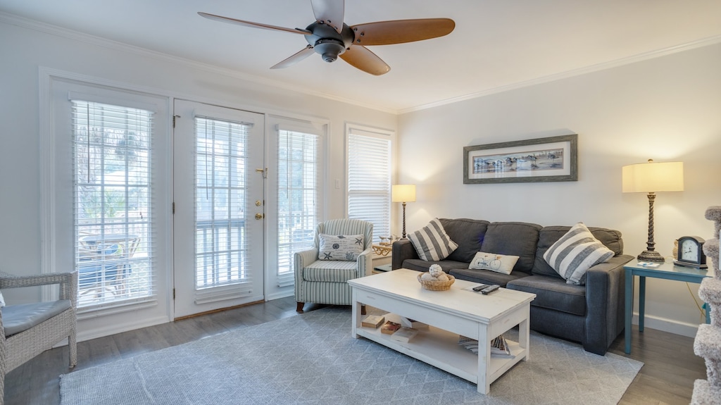 Natural light pours in through French doors with interior blinds, opening to an outdoor space and creating a seamless indoor–outdoor flow.