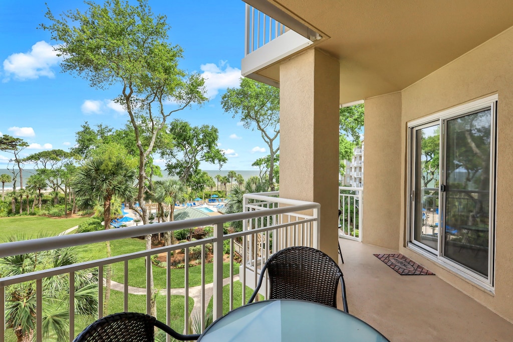 Comfortable seating invites morning coffee or quiet downtime after a day at the beach.