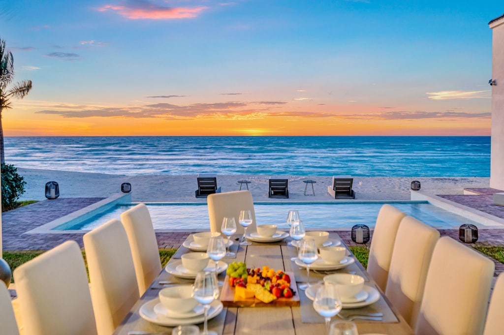 Dining table seating eight- perfect for sunset dinners overlooking the ocean.