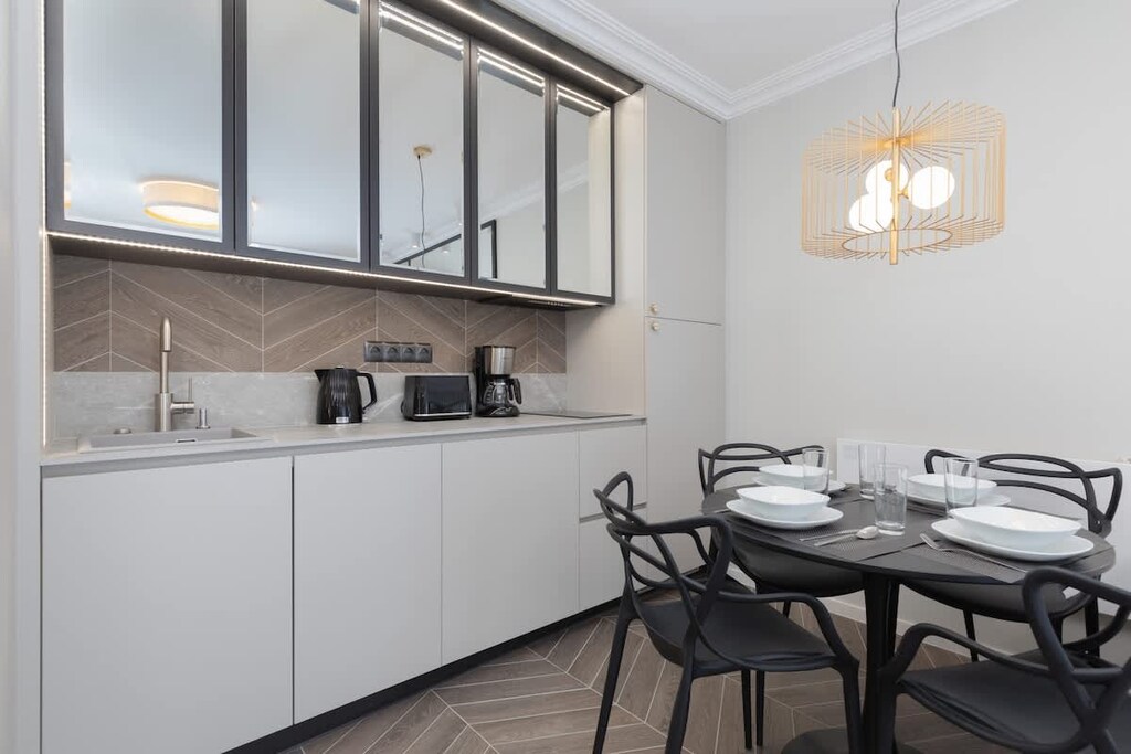 The fully equipped kitchenette includes everything you need for a home-cooked meal.