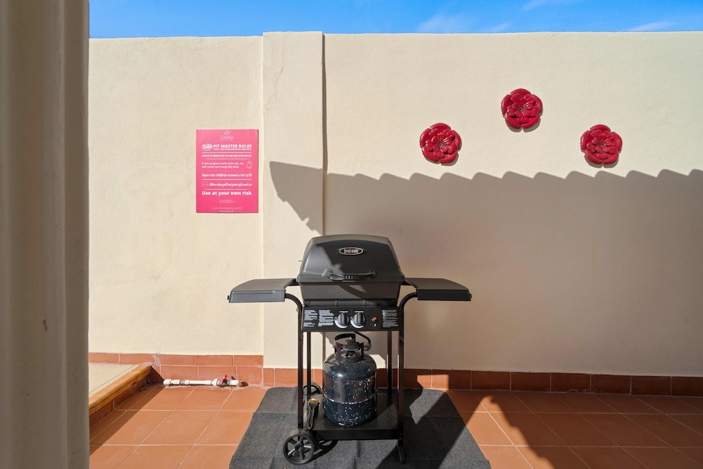 - Grill in style with this modern barbecue setup under sunny blue skies - Perfect for hosting outdoor feasts and enjoying al fresco dining - A charming feature that elevates your outdoor entertaining experience