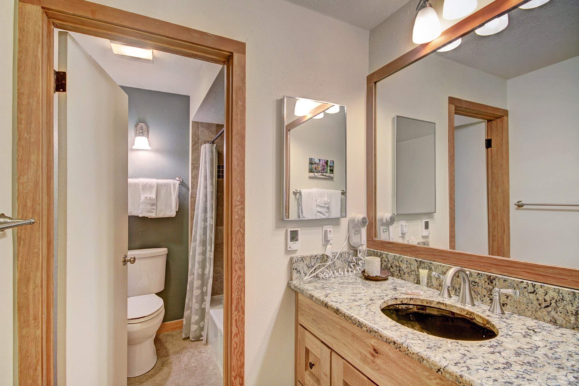 A bathroom with a granite countertop, a sink, and a mirror on the right. A toilet, shower with a curtain, and towel rack are visible in the background on the left.