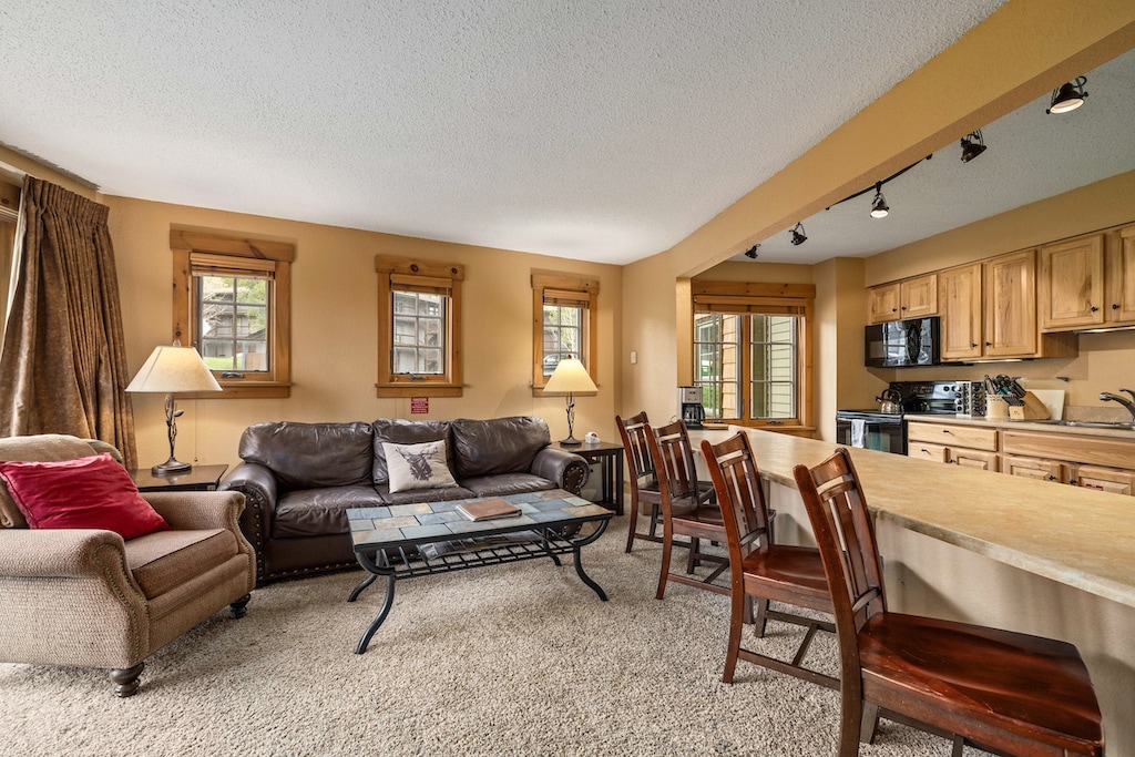 Large couch, chair, coffee table. 