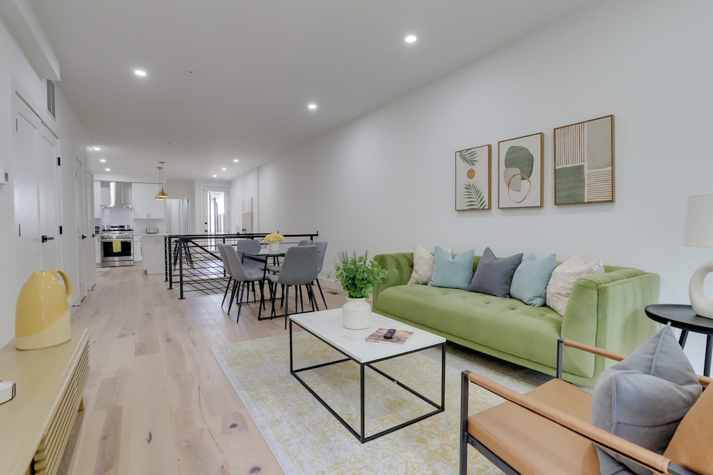 Living room with modern decor and furnishings. 