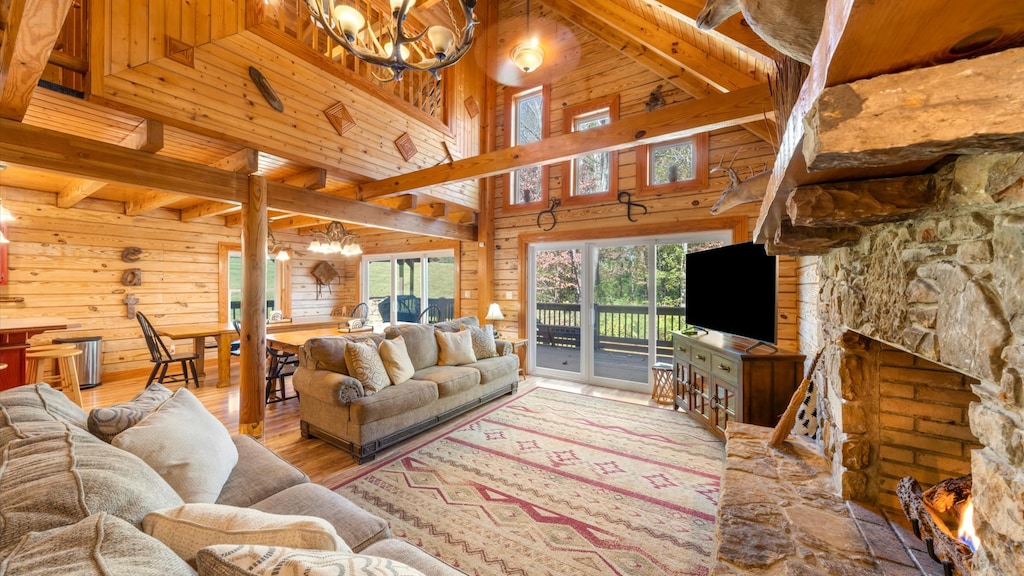 Bask in the beauty of high vaulted ceilings and a fireplace for ultimate comfort.