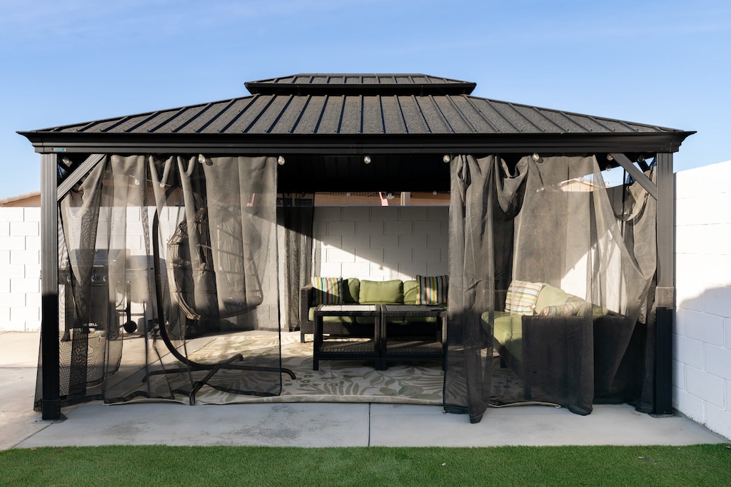 Shaded gazebo lounge.