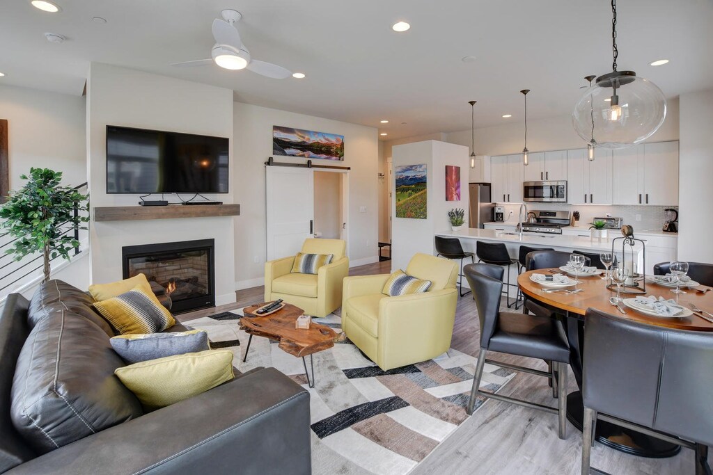 The Open Floor with Sofas, TV, Dining Table, Chairs, and the Kitchen.