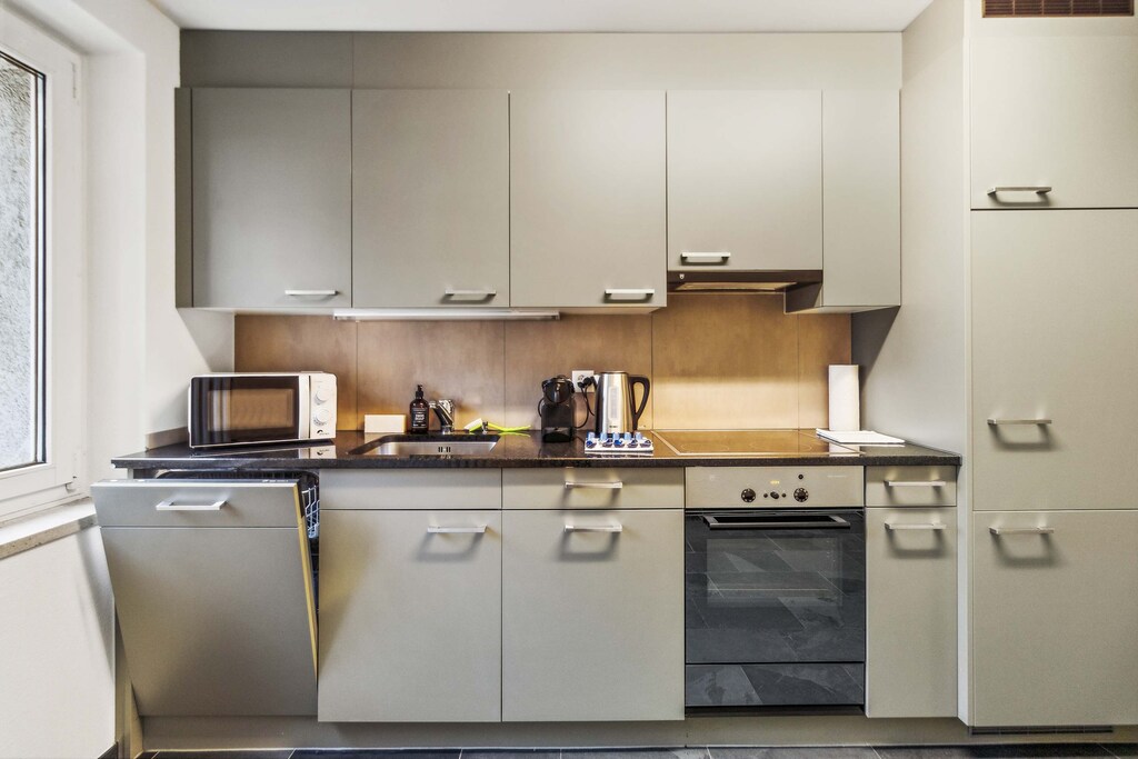 Compact, modern kitchen with light gray flat-panel cabinetry