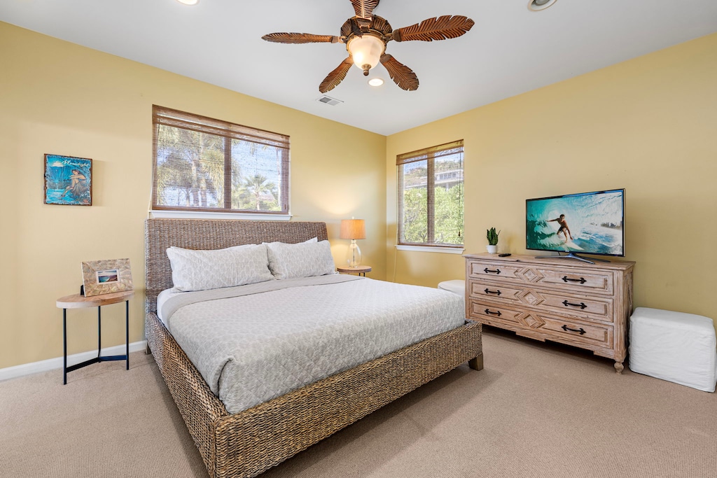 Bright bedroom featuring a king-sized bed, large windows, and a flat-screen TV for relaxation.