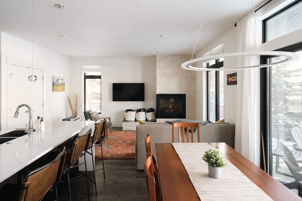 Kitchen, living area, and dining area