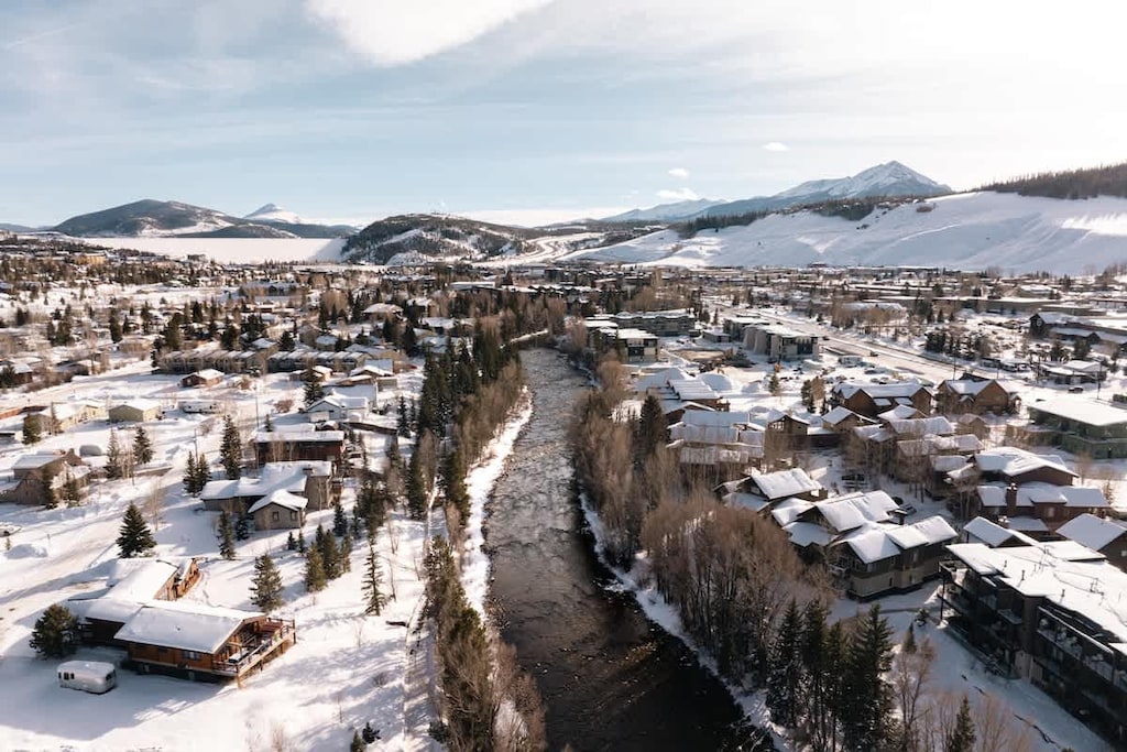Overhead view the unit and Blue River, showing 'Big Red' (Red Mountains) in the background