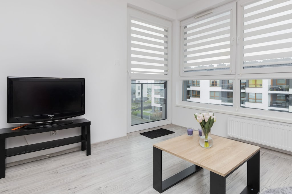 A comfortable living room featuring a flat-screen TV, coffee table, and floor-to-ceiling windows offering plenty of daylight.