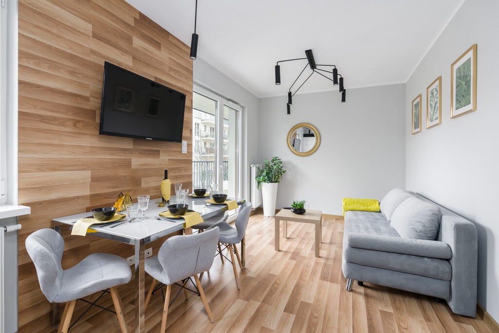 The living area features a sleek coffee table and a flat-screen television.