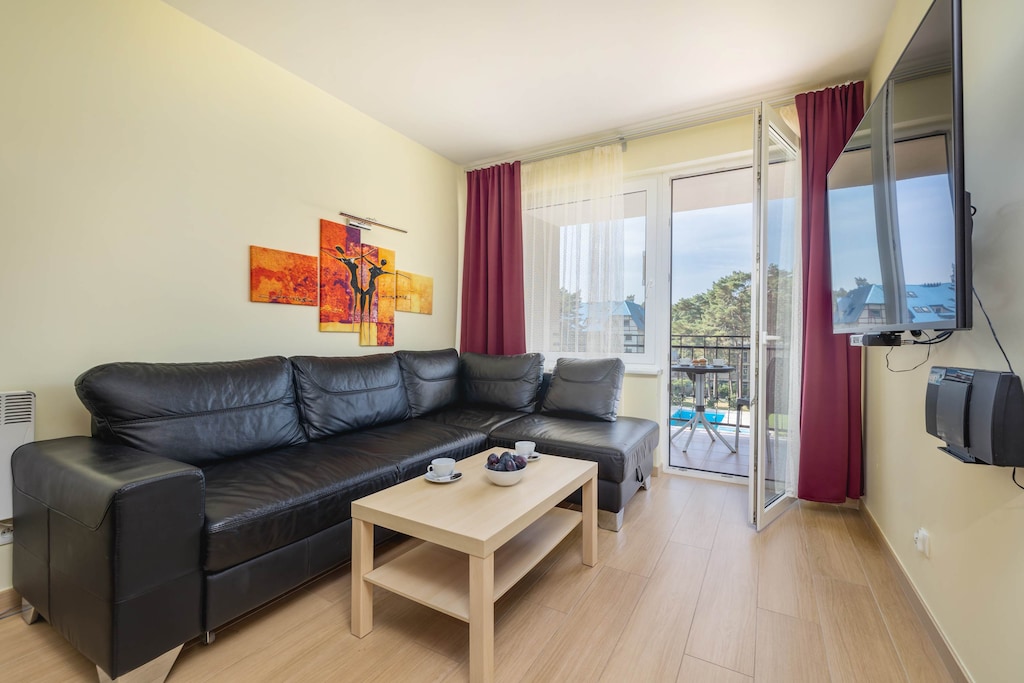 Living room with a comfortable sofa and TV. 