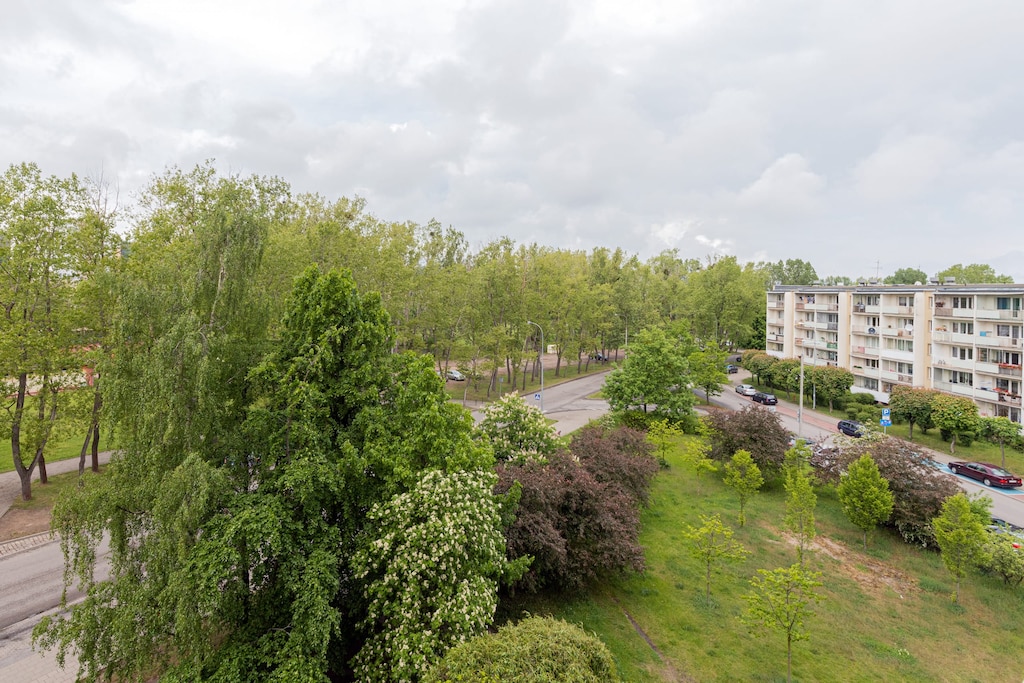 Scenic view with lush greenery and surrounding residential buildings.
