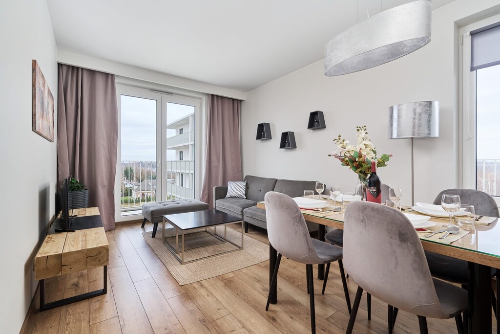 Spacious living room with a fold-out sofa bed, TV, access to the balcony and dining area.