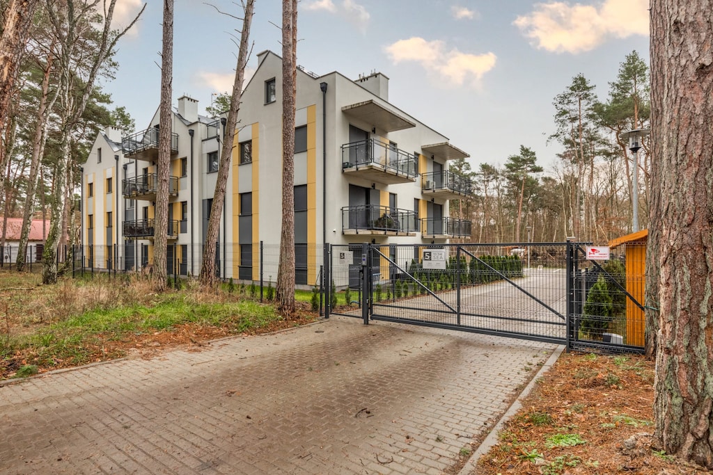 View of a gated, peaceful modern development.