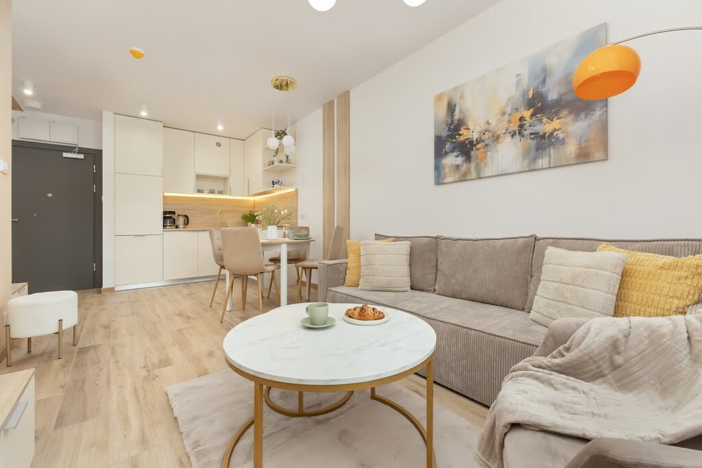 Living room with a fold-out sofa, Smart TV and kitchenette.