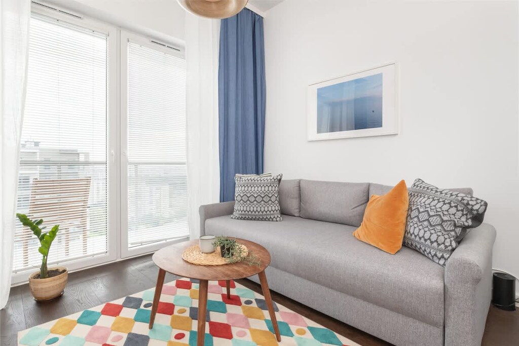 Living room with kitchenette.