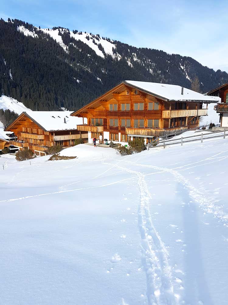 the beautiful chalet in deep snow on a clear winter day 