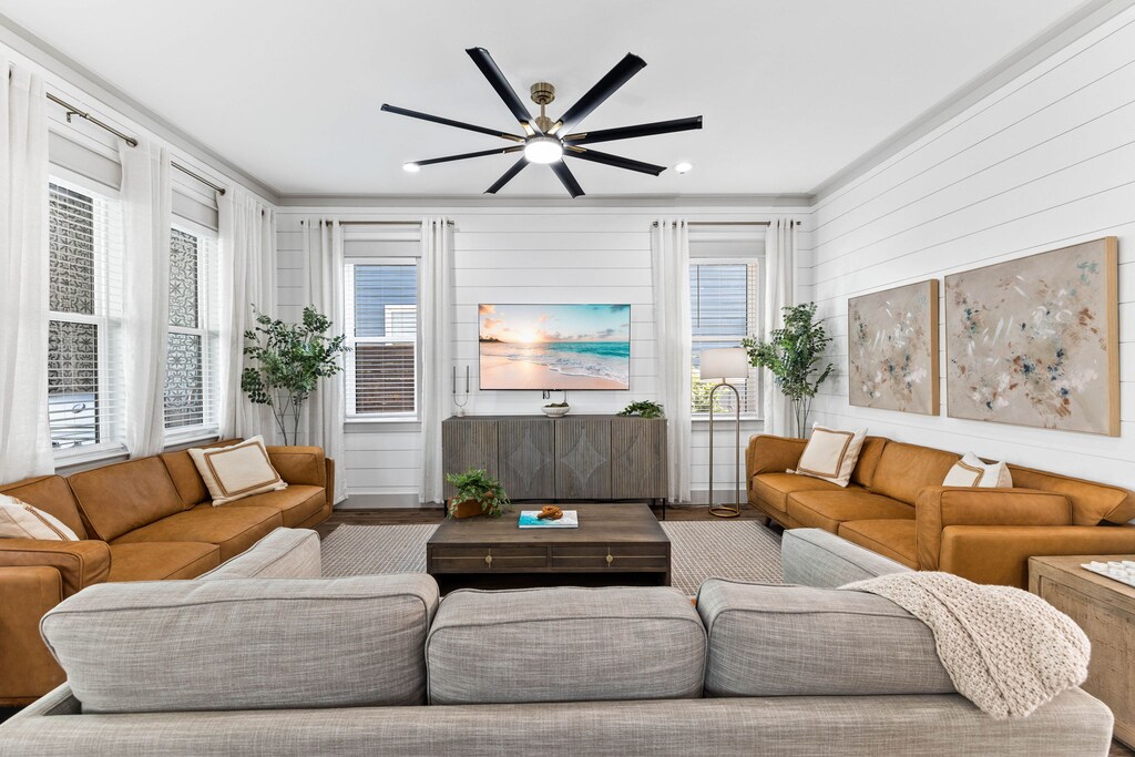 Large flat-screen TV visible from all angles.