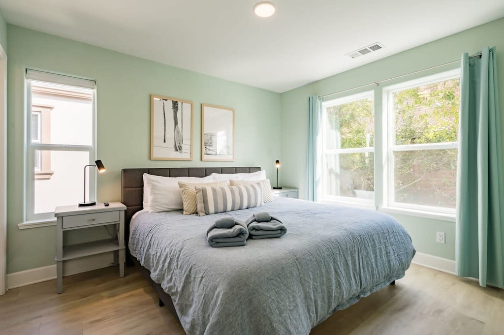 Master bedroom with a comfortable, memory foam King mattress