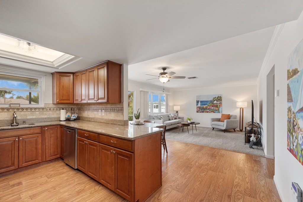 Kitchen to living room and dining area