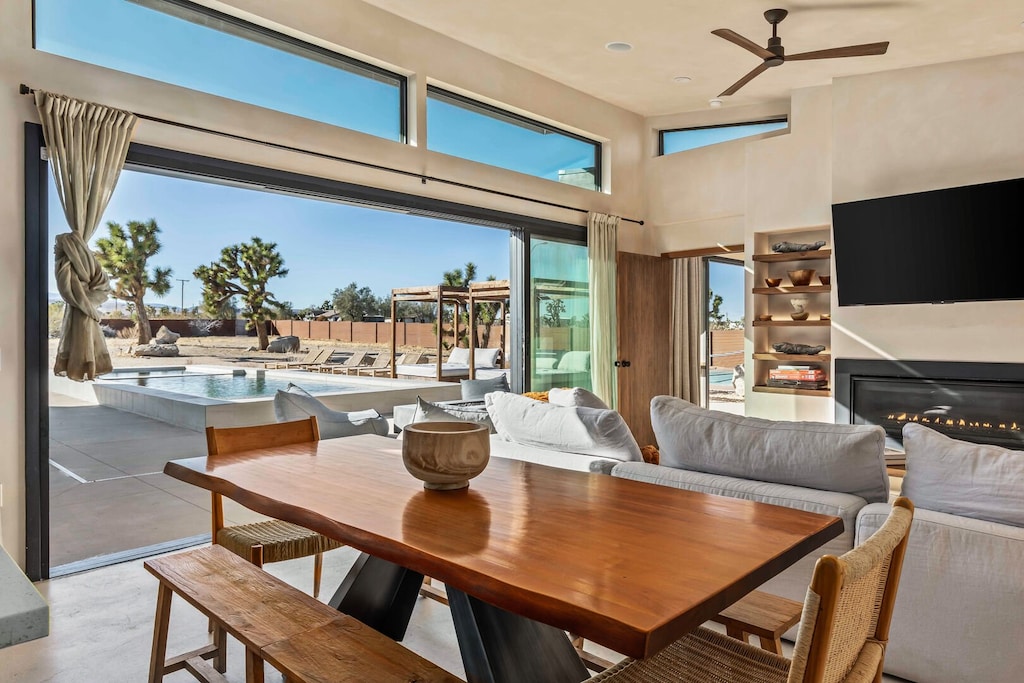 Dining area looking out on the pool.