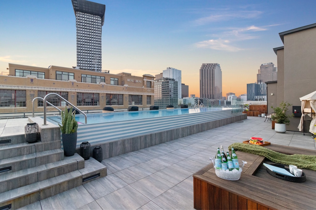 Relax in our rooftop pool with panoramic skyline views of Downtown, New Orleans. Heated and open year-round, it's a guest-only favorite for lounging by day or night.
