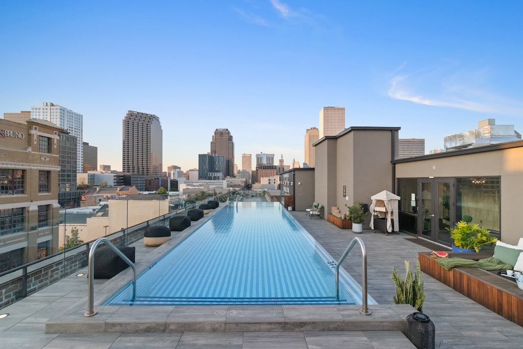 Relax in our rooftop pool with panoramic skyline views of Downtown, New Orleans. Heated and open year-round, it's a guest-only favorite for lounging by day or night.