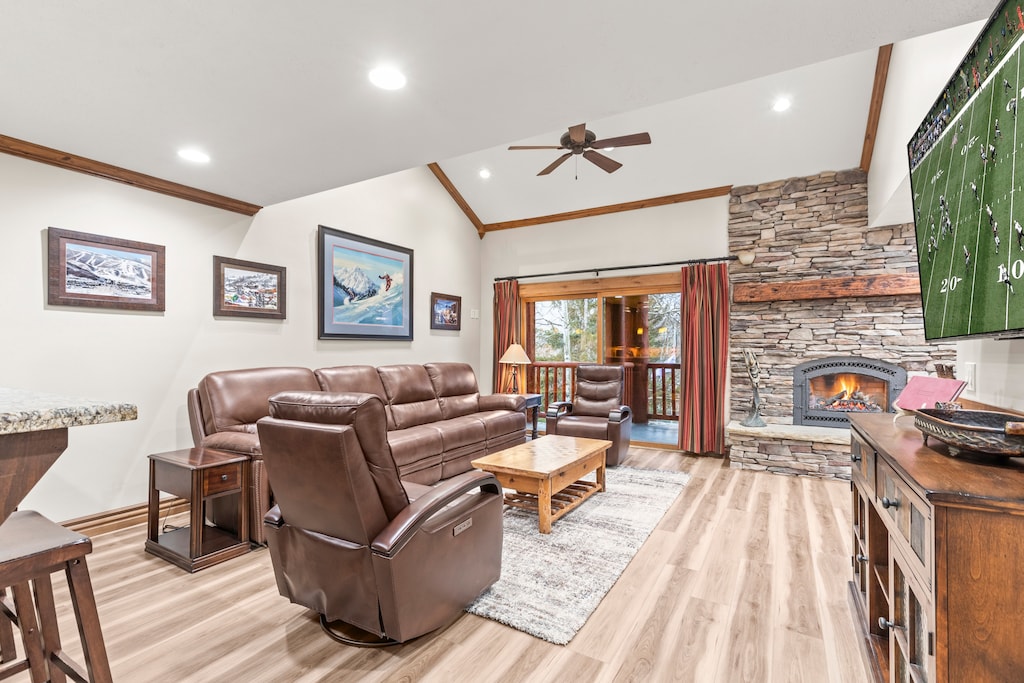 Settle into leather seating while the stone fireplace crackles nearby.