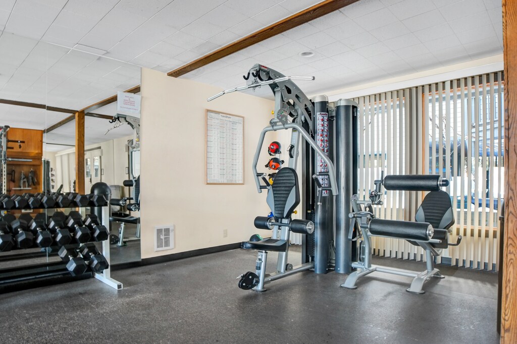 Fitness Room includes various machines and free weights