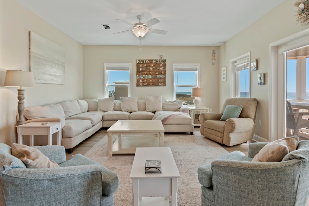 Congregate on the comfy furniture and review the day's activitie