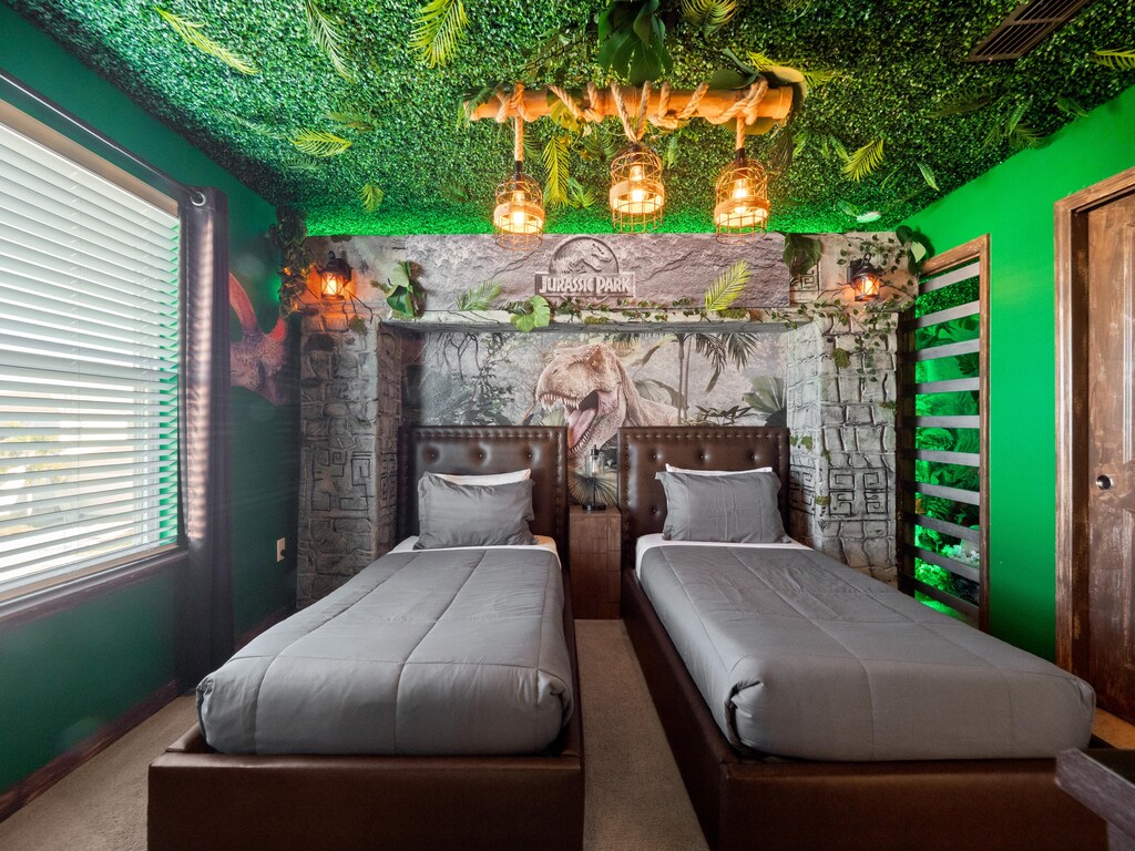 Jurassic Themed Twin Bedroom with Flat Screen TV