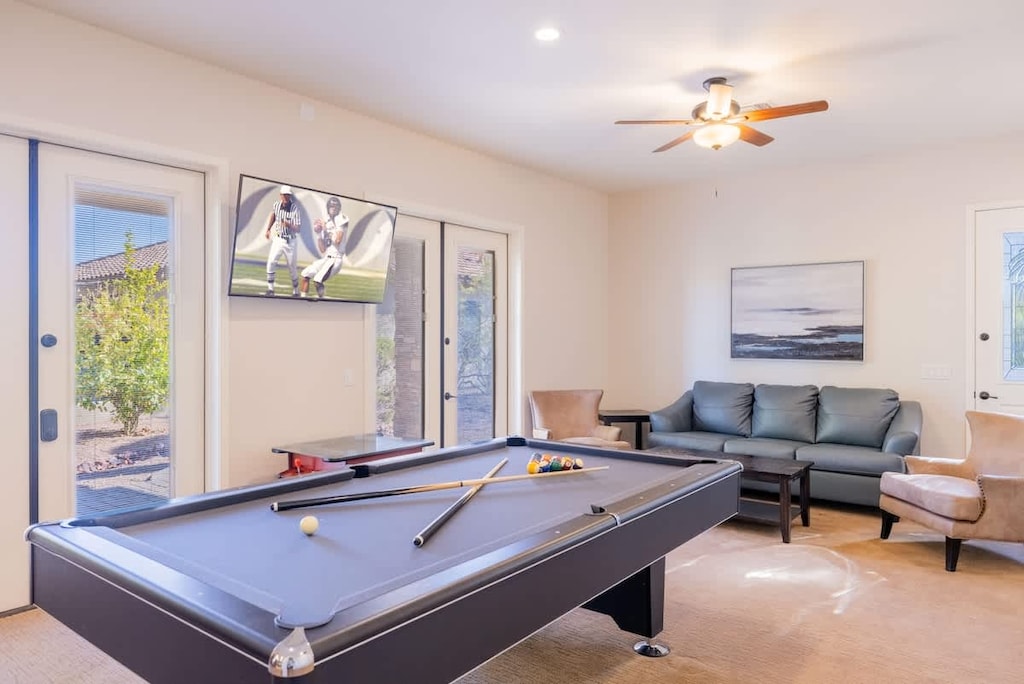 Casita game room with pool table and hangout space
