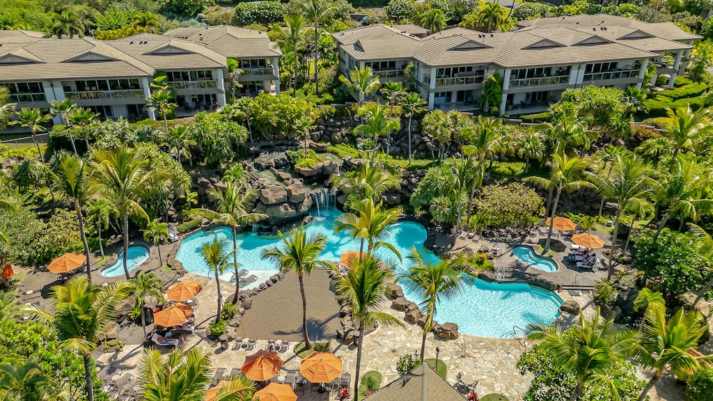 Aerial view reveals the pool, grotto, and tropical landscaping