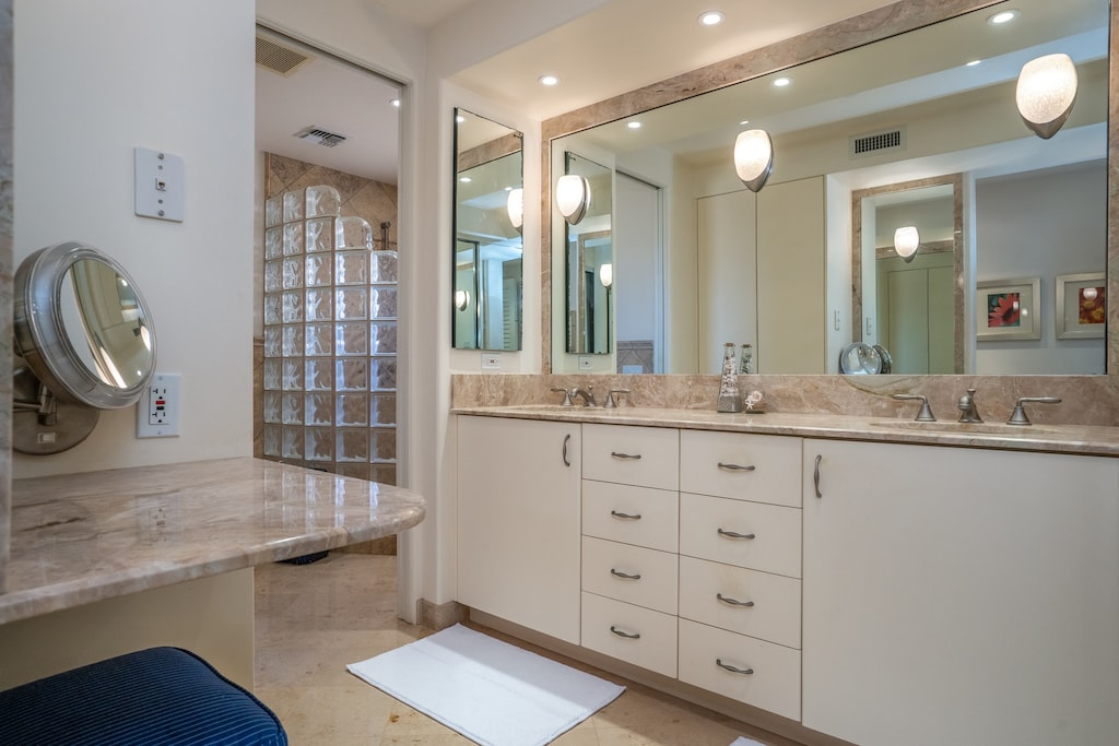 Large double sink vanity and bonus primping station