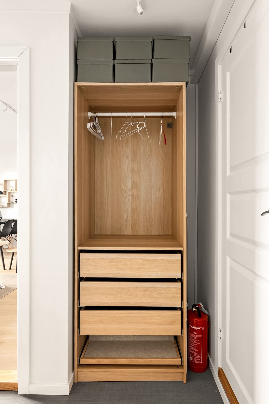 Wardrobe space and hangers are provided in the apartment's hallway for your convenience. Additionally, we have an umbrella available for those rainy days.