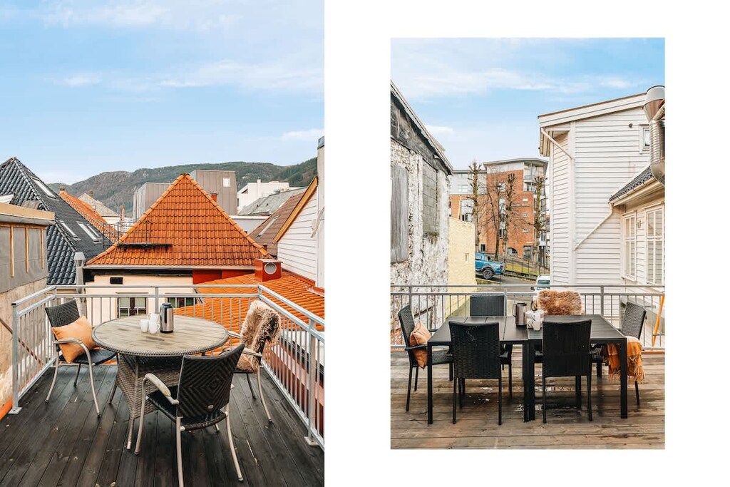 Enjoy your morning coffee with views of the city rooftops and mountains.