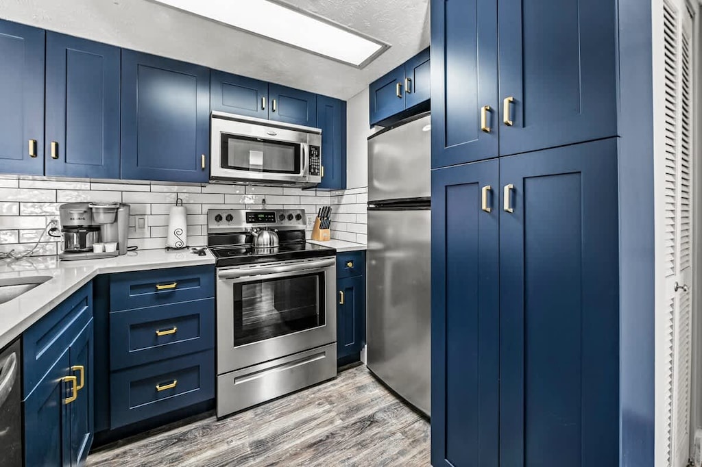 Full View of Blue Kitchen w/ Stainless Steel Appliances