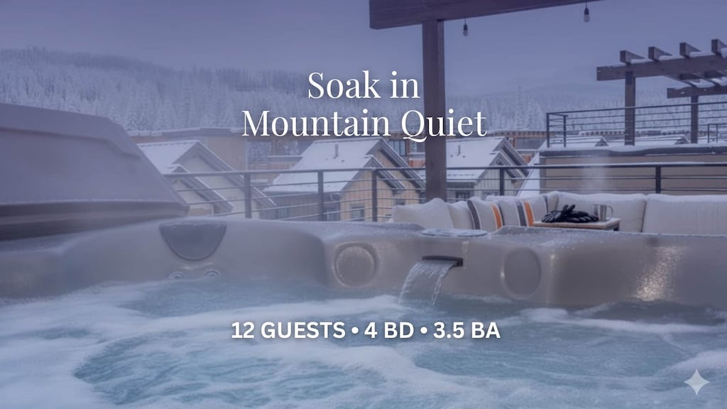 Imagine soaking in a steamy hot tub, surrounded by a serene winter wonderland. Snow-covered peaks create a breathtaking backdrop, inviting you to relax and rejuvenate in ultimate comfort.