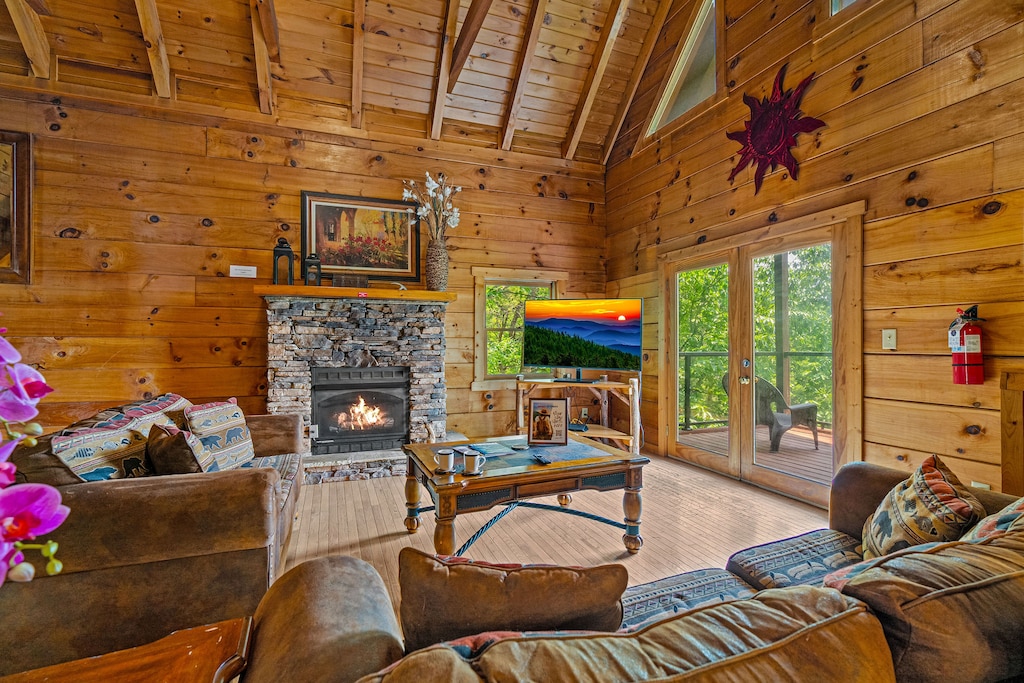 living room with chimney