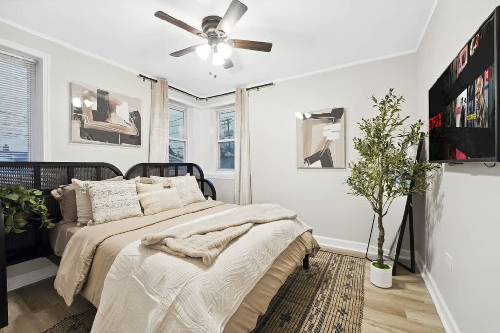 Peaceful retreat with warm tones and plush pillows.