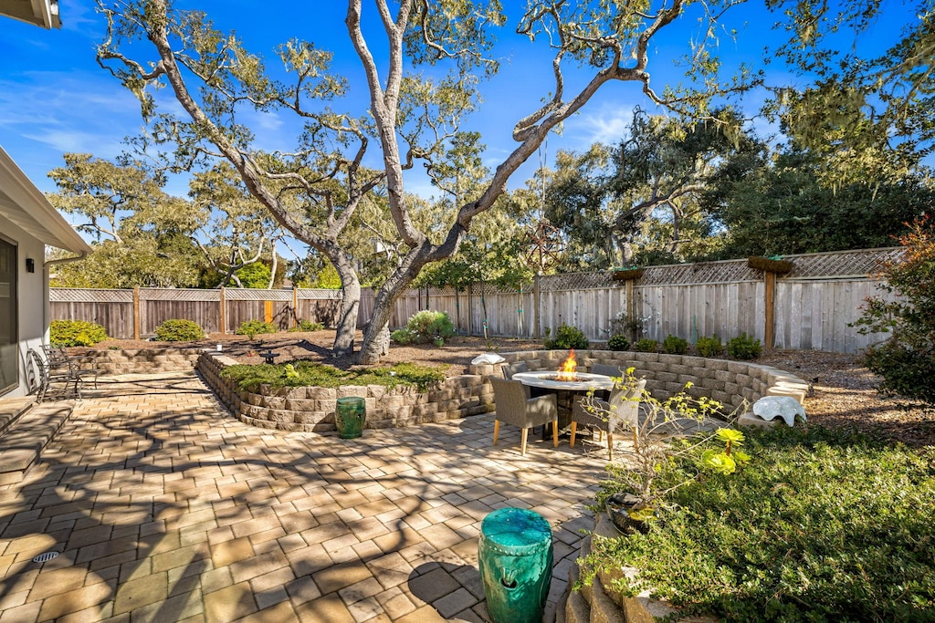 Backyard has a Fire Pit Table and a Gas BBQ Grill