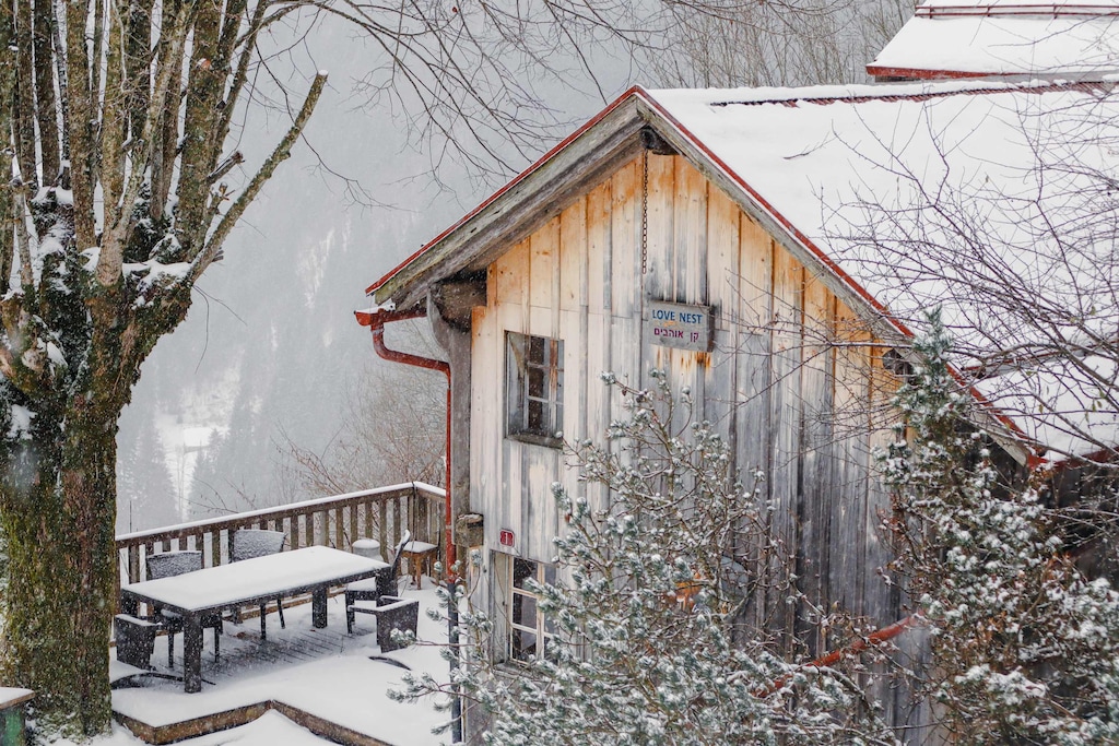the chalet up close on a winter snow day 