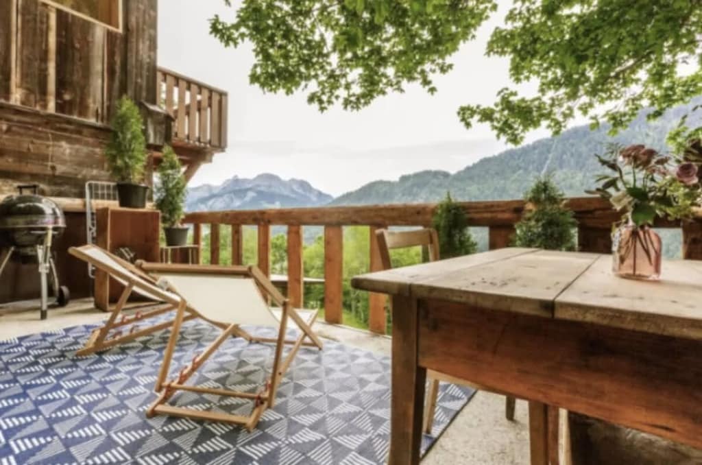the beautiful patio on the bottom part of the chalet outlooking the mountains 