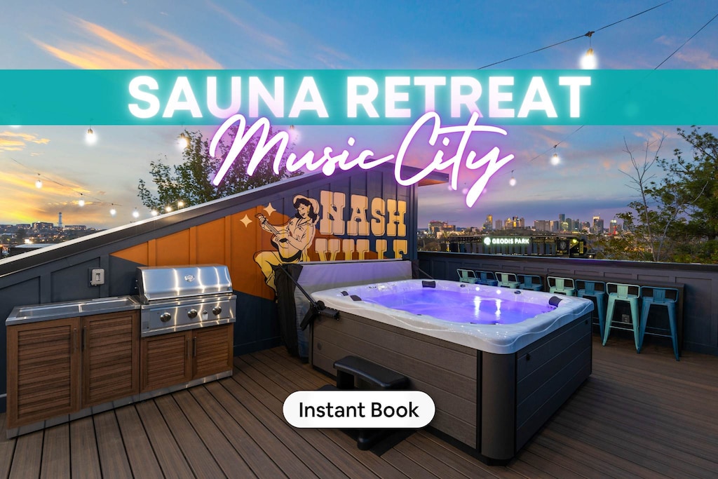 Discover your luxurious Nashville oasis! This stunning rooftop retreat with a hot tub is perfect for unwinding after a day in Downtown. Enjoy city views while grilling and creating memories with friends or family. Book your stylish getaway today!