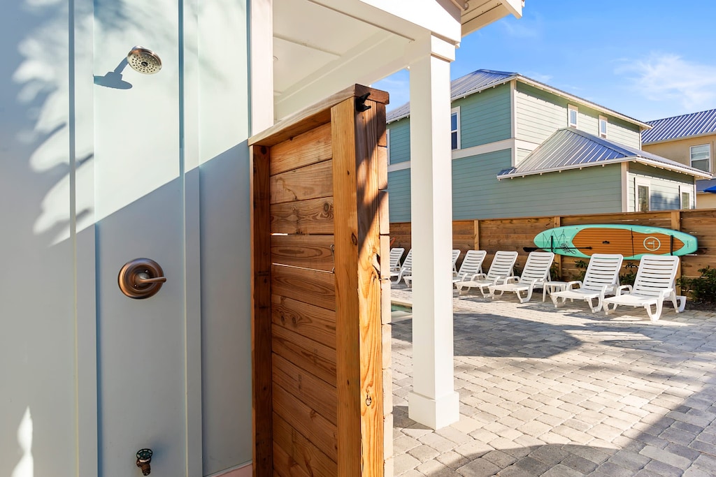 Outdoor shower perfect for rinsing off from the beach.