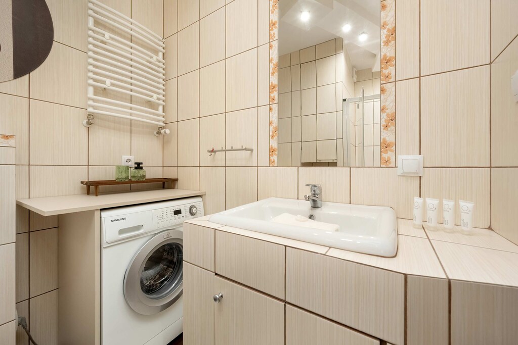 Comfortable bathroom with hairdryer. 
